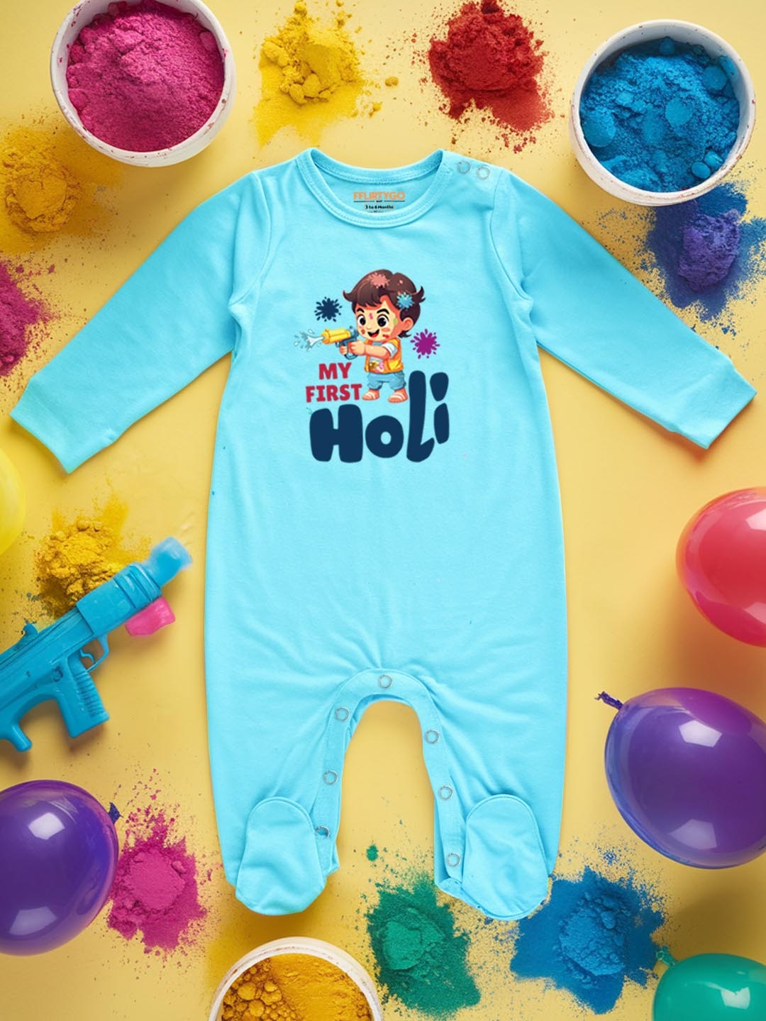 

FFLIRTYGO Infants Holi Printed Pure Cotton Sleepsuit, Turquoise blue