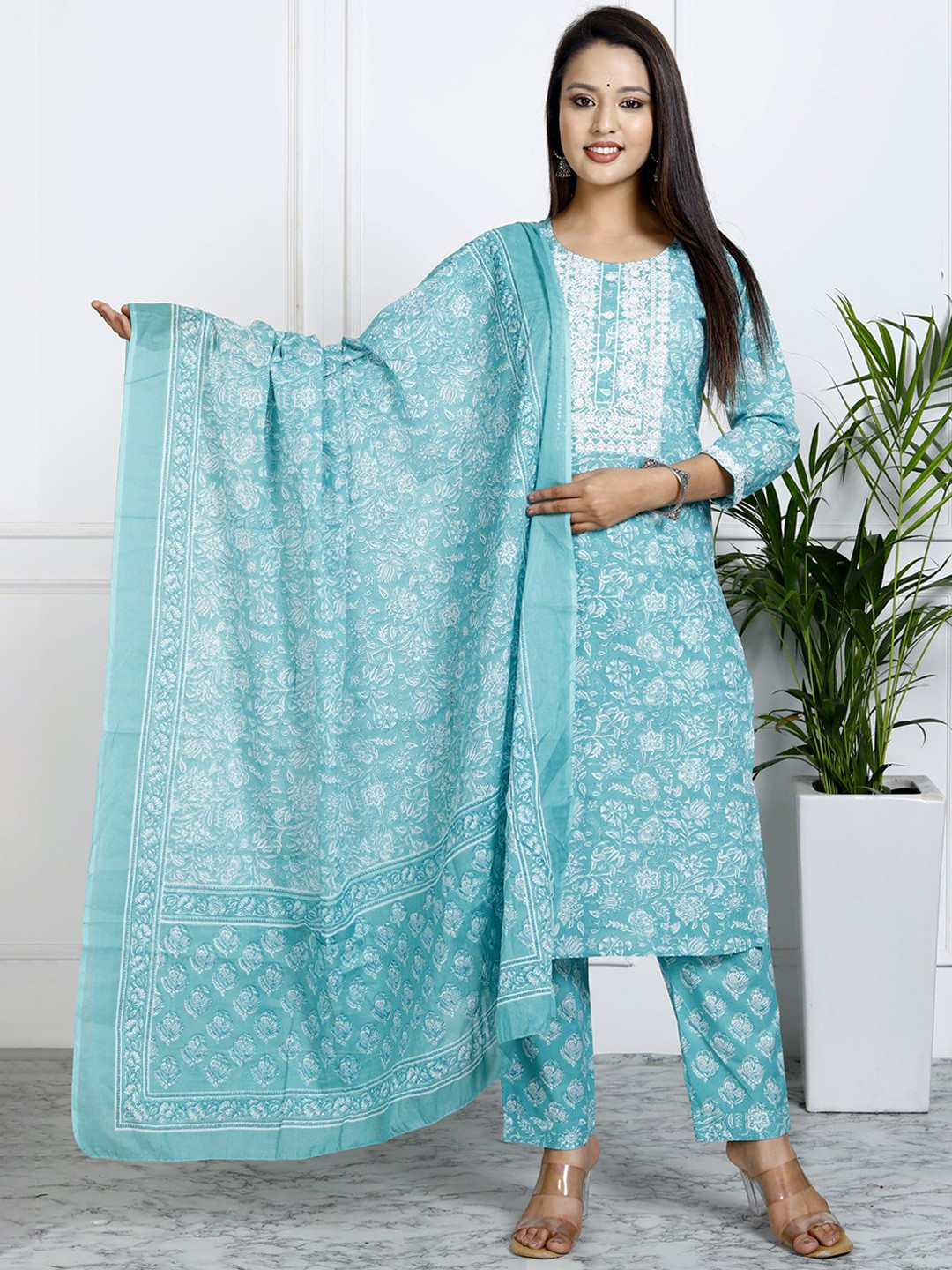 

ASANSHI Floral Printed Round Neck Pure Cotton Straight Kurta With Trousers & Dupatta, Blue