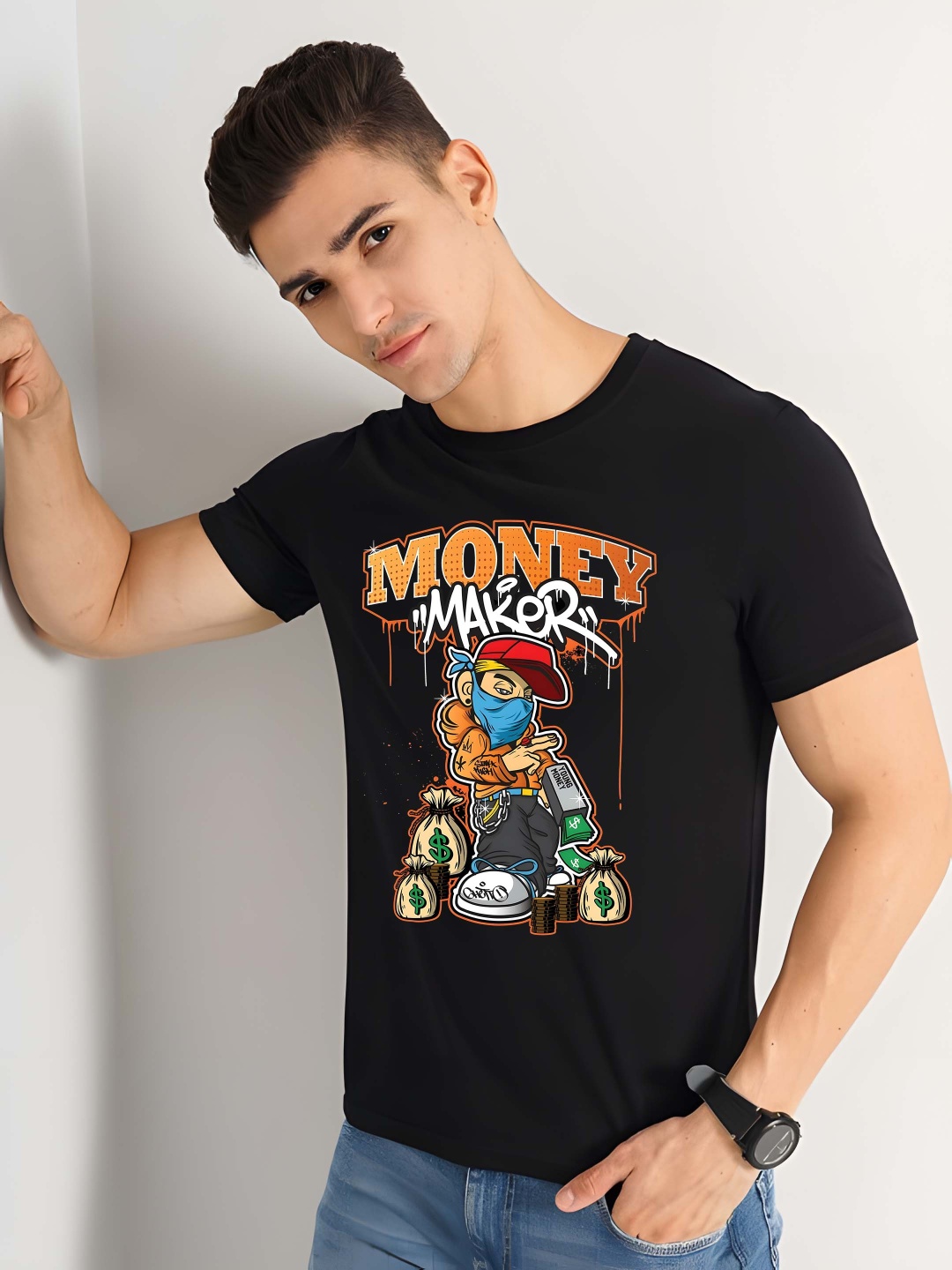 

Krimmple Men Drop-Shoulder Sleeves Pure Cotton T-shirt, Black