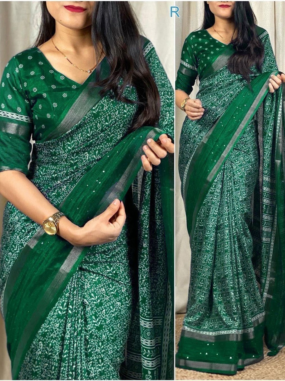 

bansari textiles Kalamkari Zari Jamdani Saree, Green