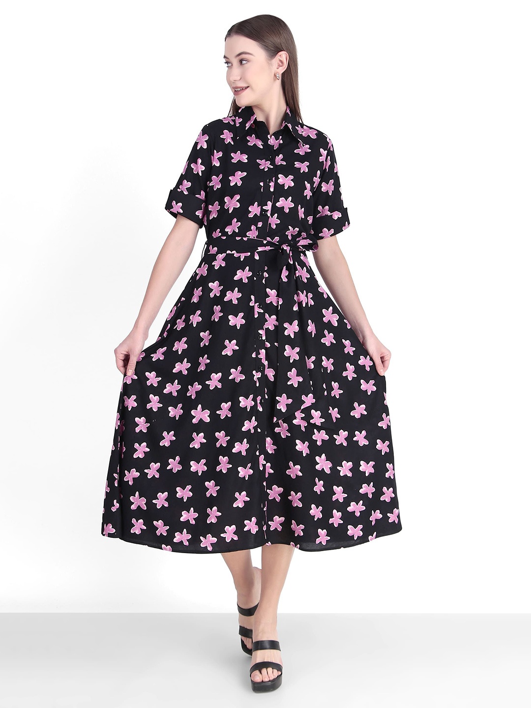 

Seryeon Women Floral Printed Midi A-Line Dress, Black