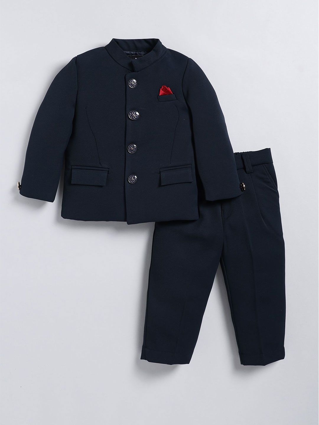 

LITTLE COLLARS Boys Jodhpuri Bandhgala Two-Piece Suit Blazer With Trouser, Navy blue