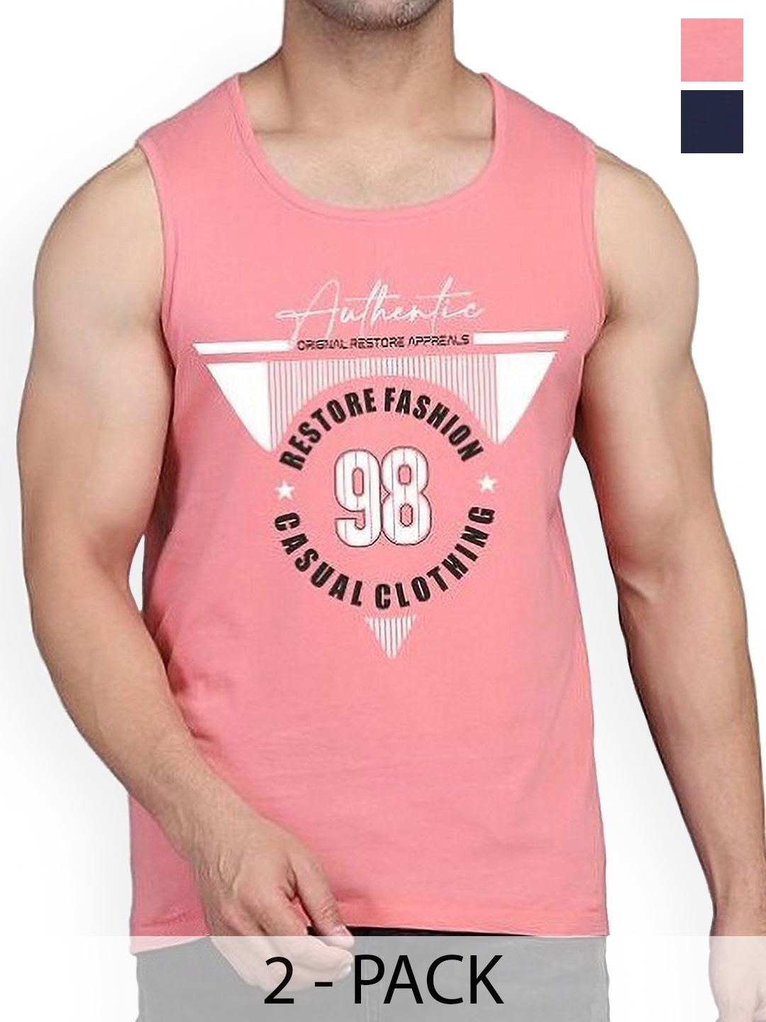 

Woostro Pack Of 2 Printed Cotton Gym Innerwear Vests RS26 CMB (98 NAVY) (98 PEACH), Navy blue