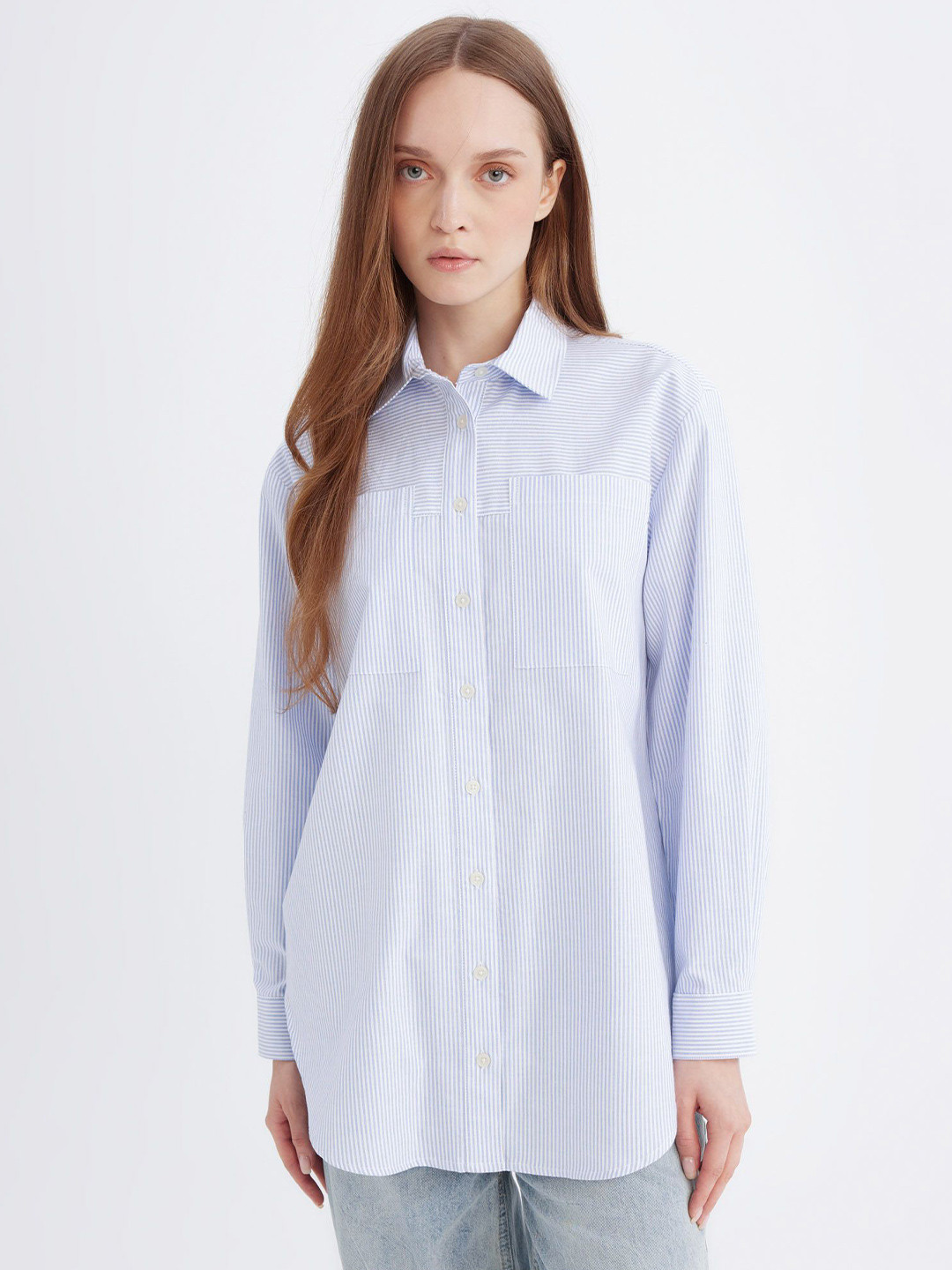 

DeFacto Women Striped Long-Line Cotton Shirt, White