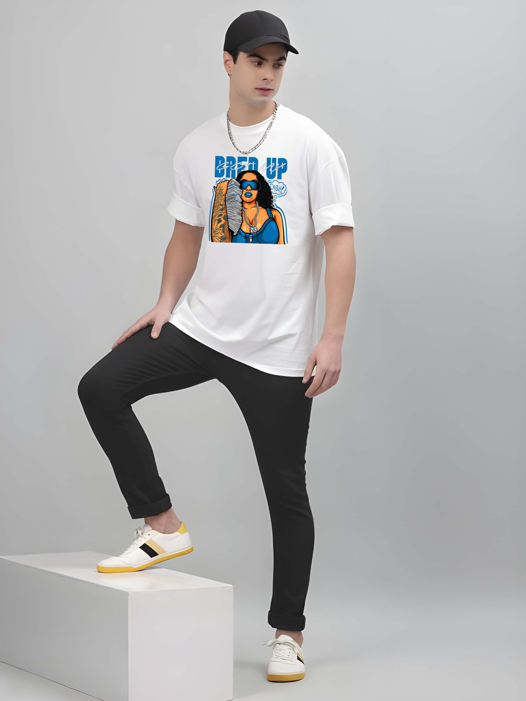 

Krimmple Men Drop-Shoulder Sleeves Pure Cotton T-shirt, White