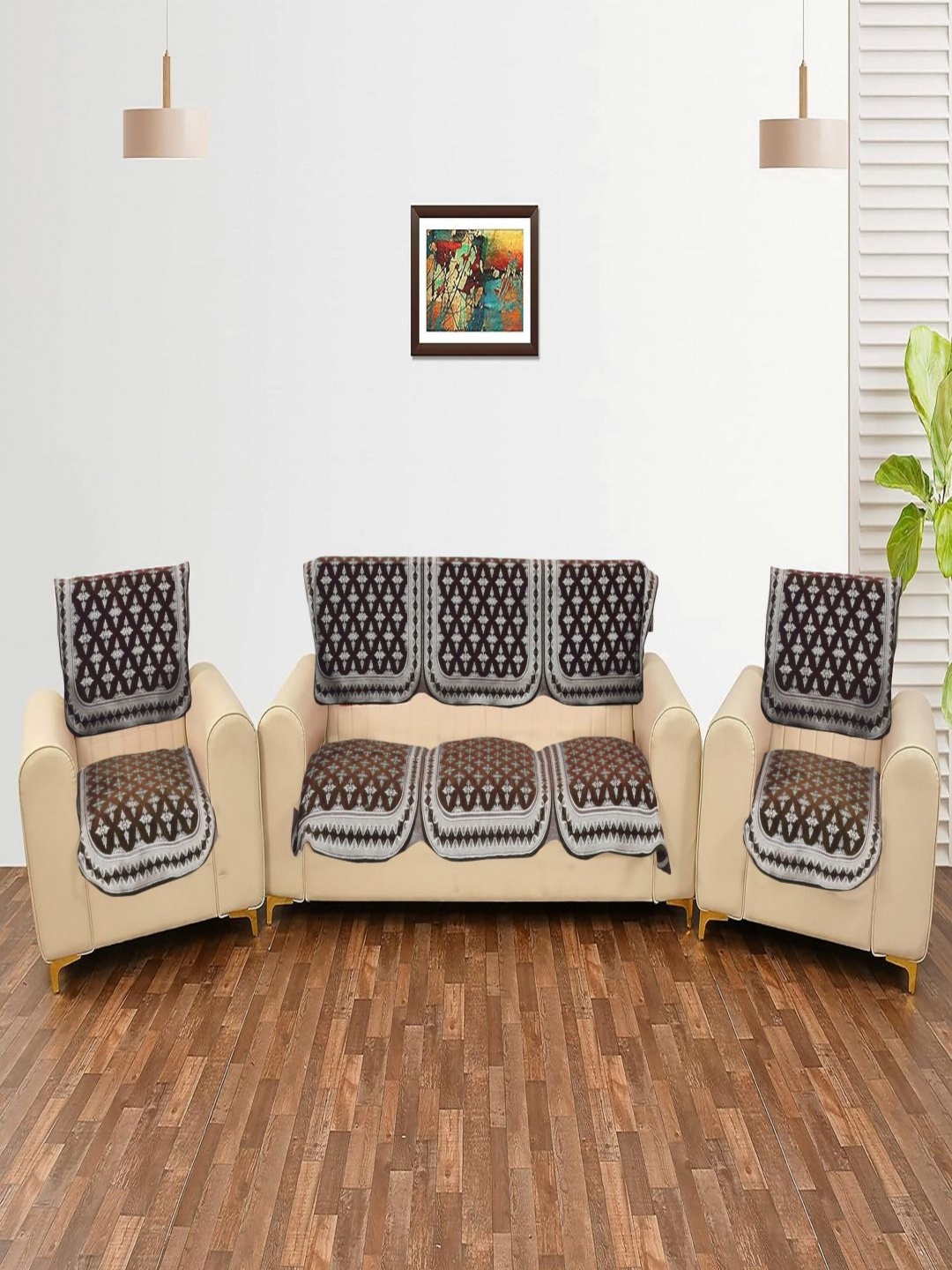 

Fashion Throw Brown & White 6 Pieces Printed Jacquard 7 Seater Sofa Covers