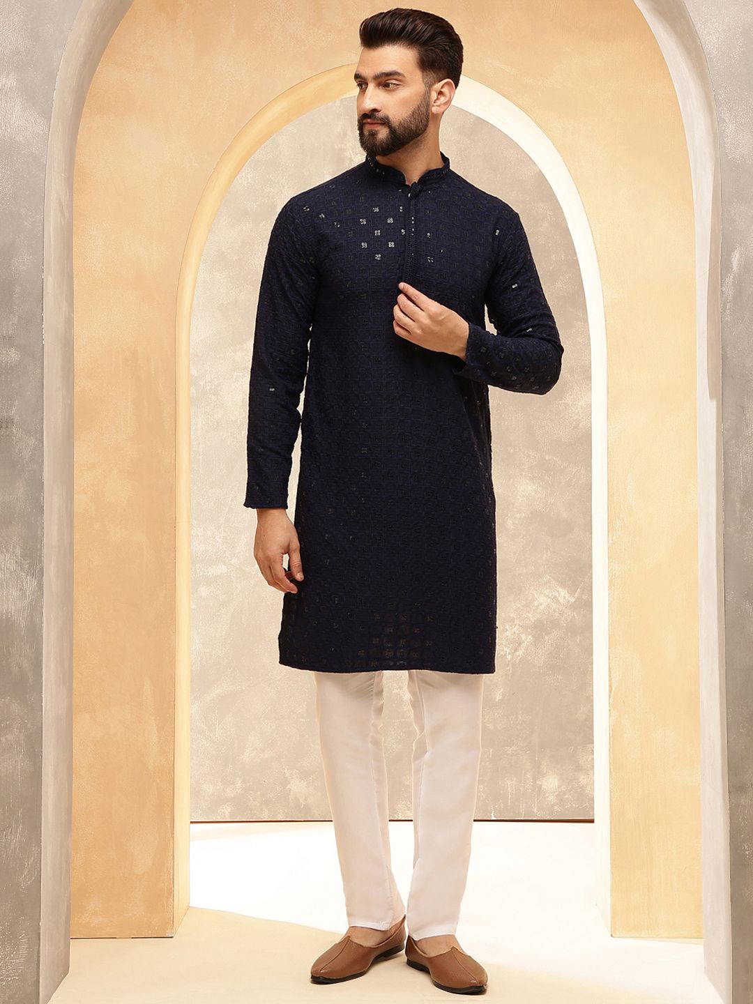 

Anouk Navy Blue Floral Embroidered Mandarin Collar Sequins Straight Kurta