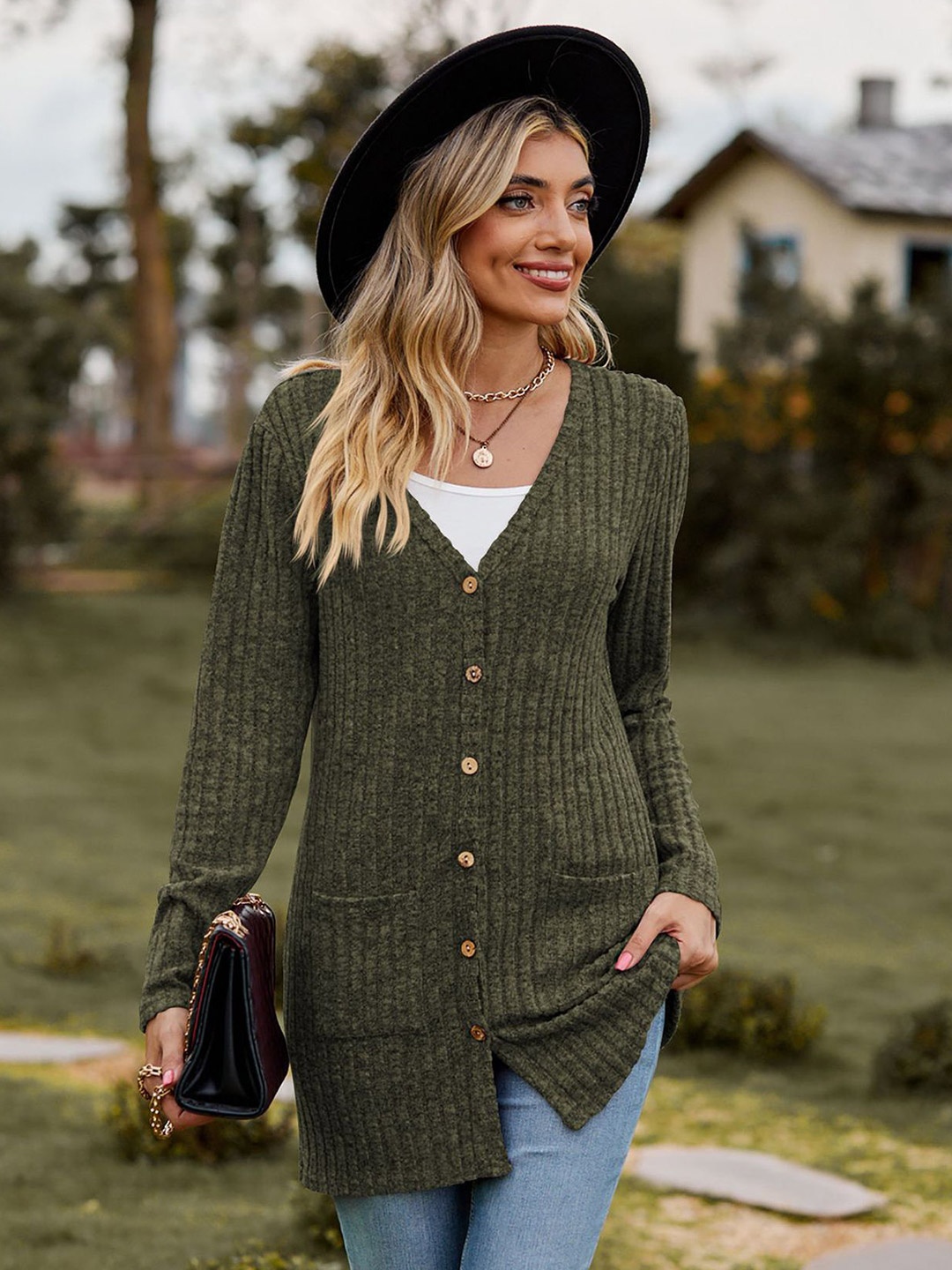 

StyleCast x Revolte Women Ribbed Longline Cardigan, Olive