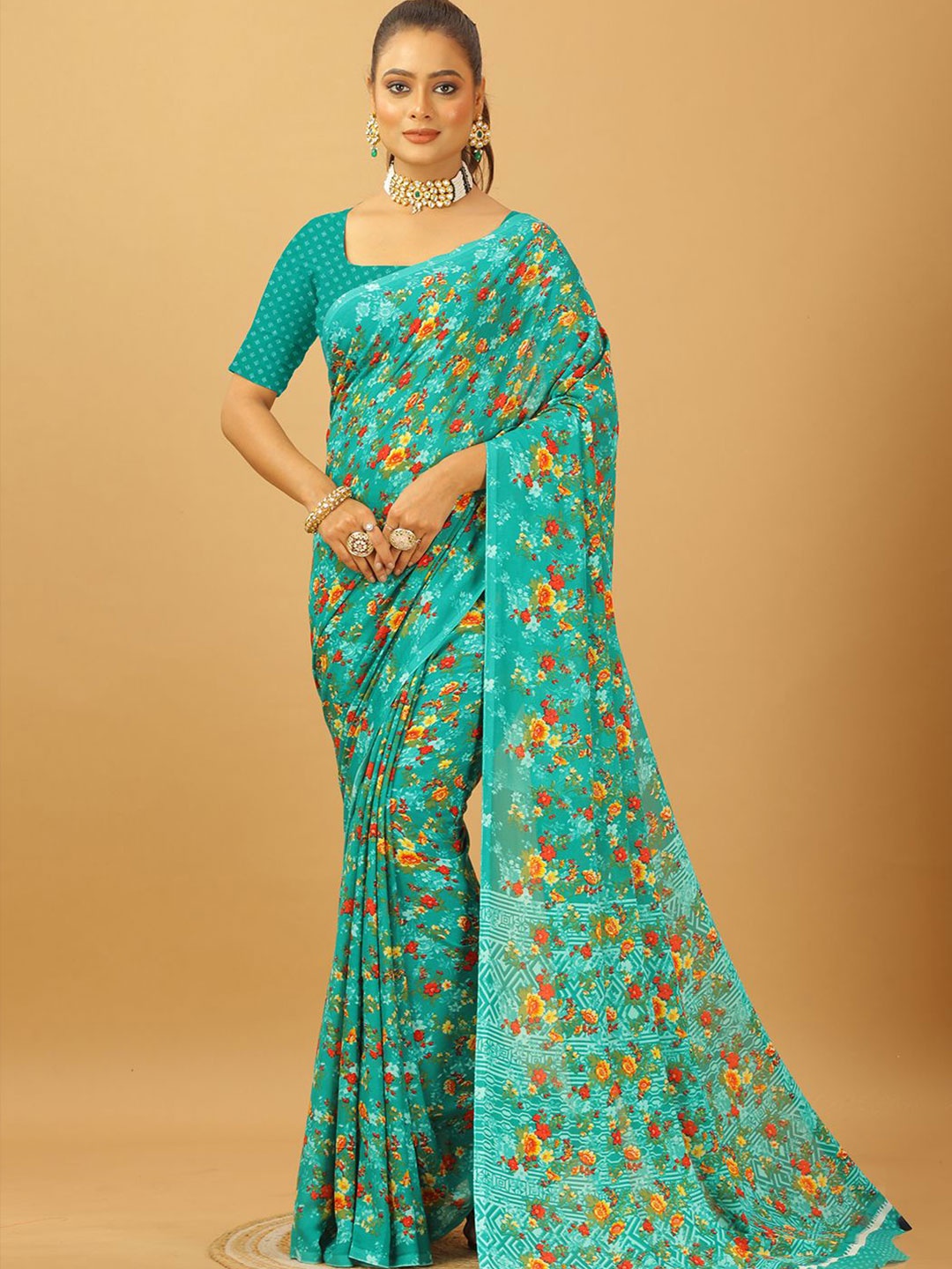 

NIRMAL CREATION Floral Printed Pure Georgette Saree, Turquoise blue