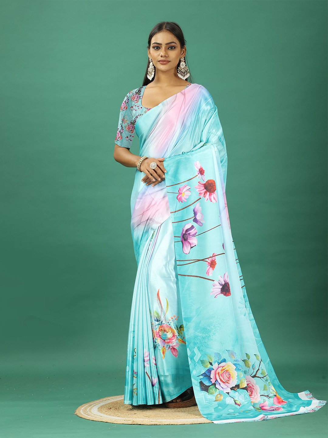 

NIRMAL CREATION Floral Printed Pure Crepe Saree, Turquoise blue