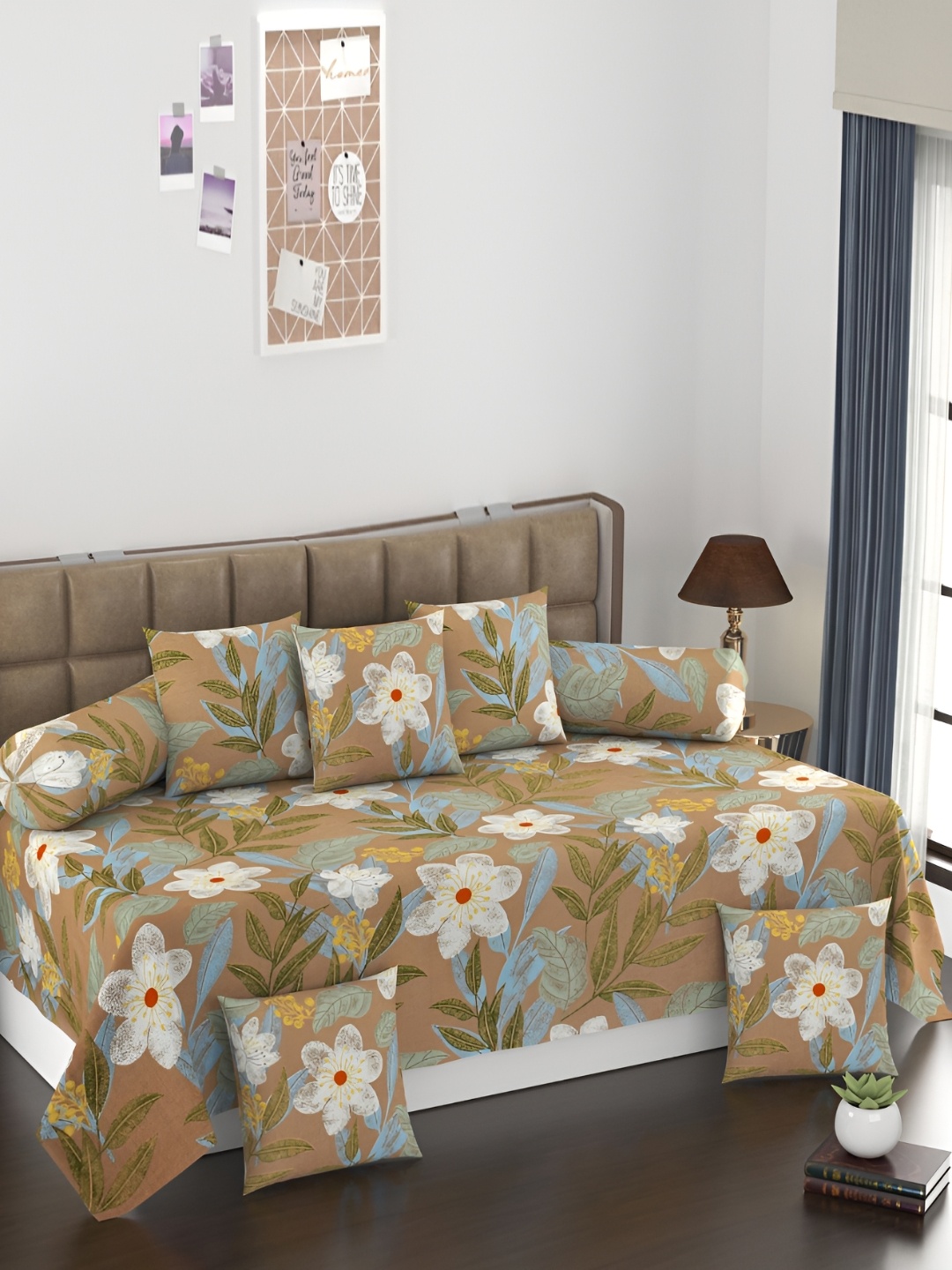 

Jizzby 8-Pcs Brown & White Printed240TC DiwanSet