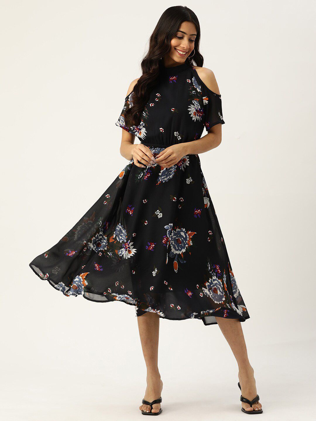 

DressBerry Floral Print Cold-Shoulder Georgette Fit & Flare Midi Dress, Navy blue