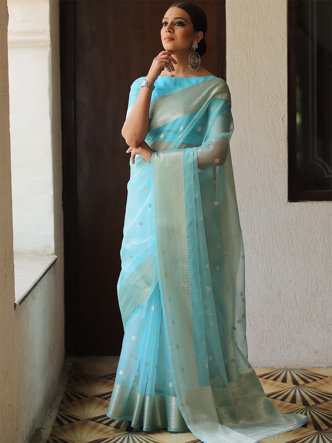 

bansari textiles Woven Design Zari Organza Kota Saree, Blue