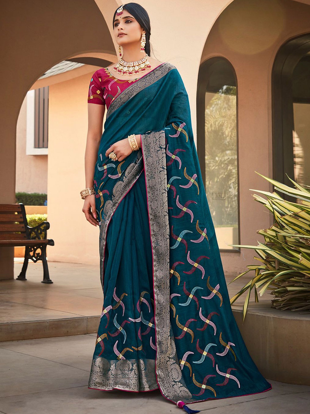 

Mitera Embellished Embroidered Saree, Teal