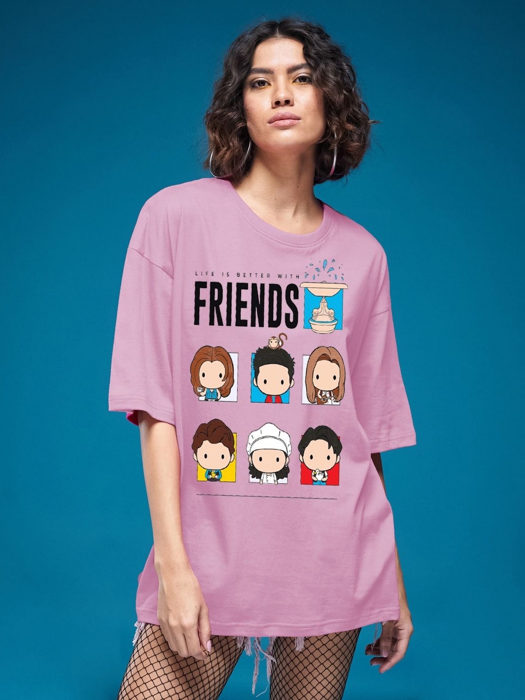 

SMARTEES Women Graphic Printed Round Neck Cotton Oversized T-shirt, Pink