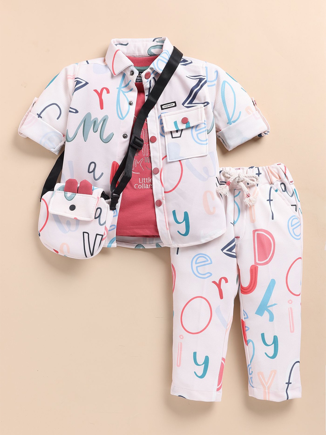 

LITTLE COLLARS Boys Printed Shirt Collar T-Shirt And Shirt With Trousers, Peach