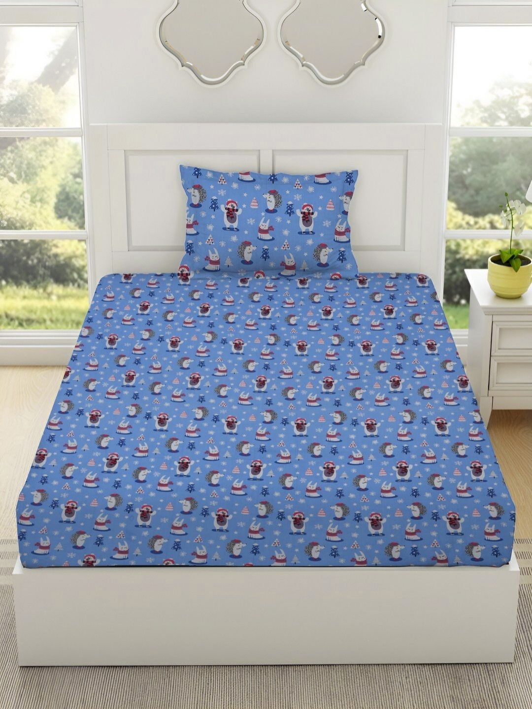 

Myntra Elegant Homes Blue Cartoon Characters 144 TC Single Bedsheet Set 2.28 m x 2.74 m