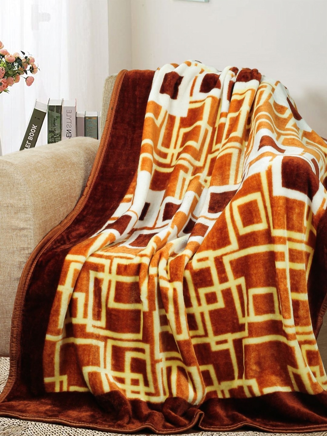 

VAS COLLECTIONS Brown & Yellow Geometric Mink Mild Winter 300 GSM Single Bed Blanket