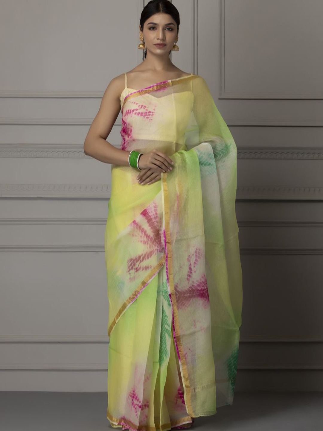 

Geroo Luxe Tie and Dye Zari Pure Silk Ready to Wear Kota Saree, Lime green