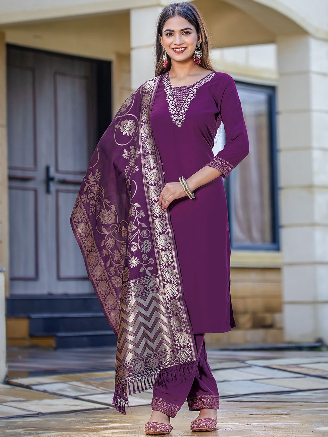 

KALINI Ethnic Motifs Yoke Design V-Neck Sequinned Straight Kurta With Trouser And Dupatta, Purple