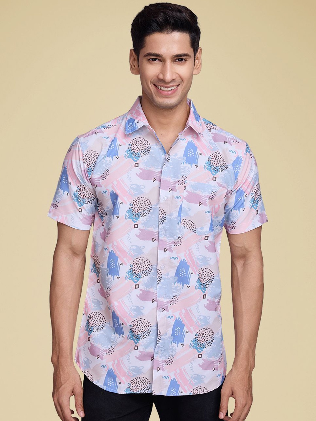 

SZN Men Standard Fit Spread Collar Abstract Printed Cotton Casual Shirt, White