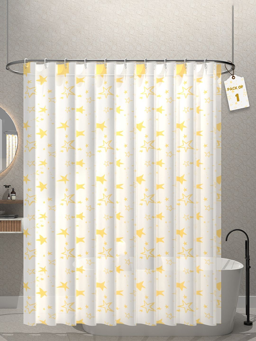 

Kuber Industries White & Gold Toned Printed Shower Curtains With 12 Rings