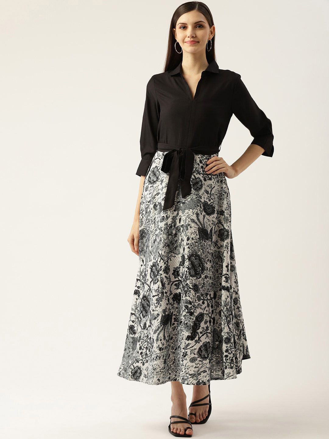 

DressBerry Floral Print Crepe Shirt Maxi Dress, Black