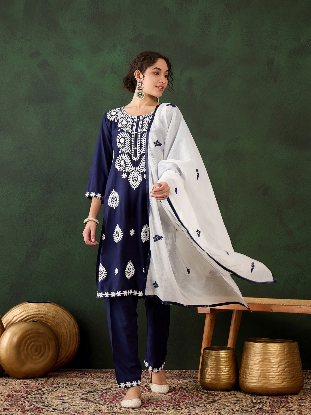 

Blissta Navy Blue Floral Embroidered Round Neck Chikankari Kurta With Trousers & Dupatta