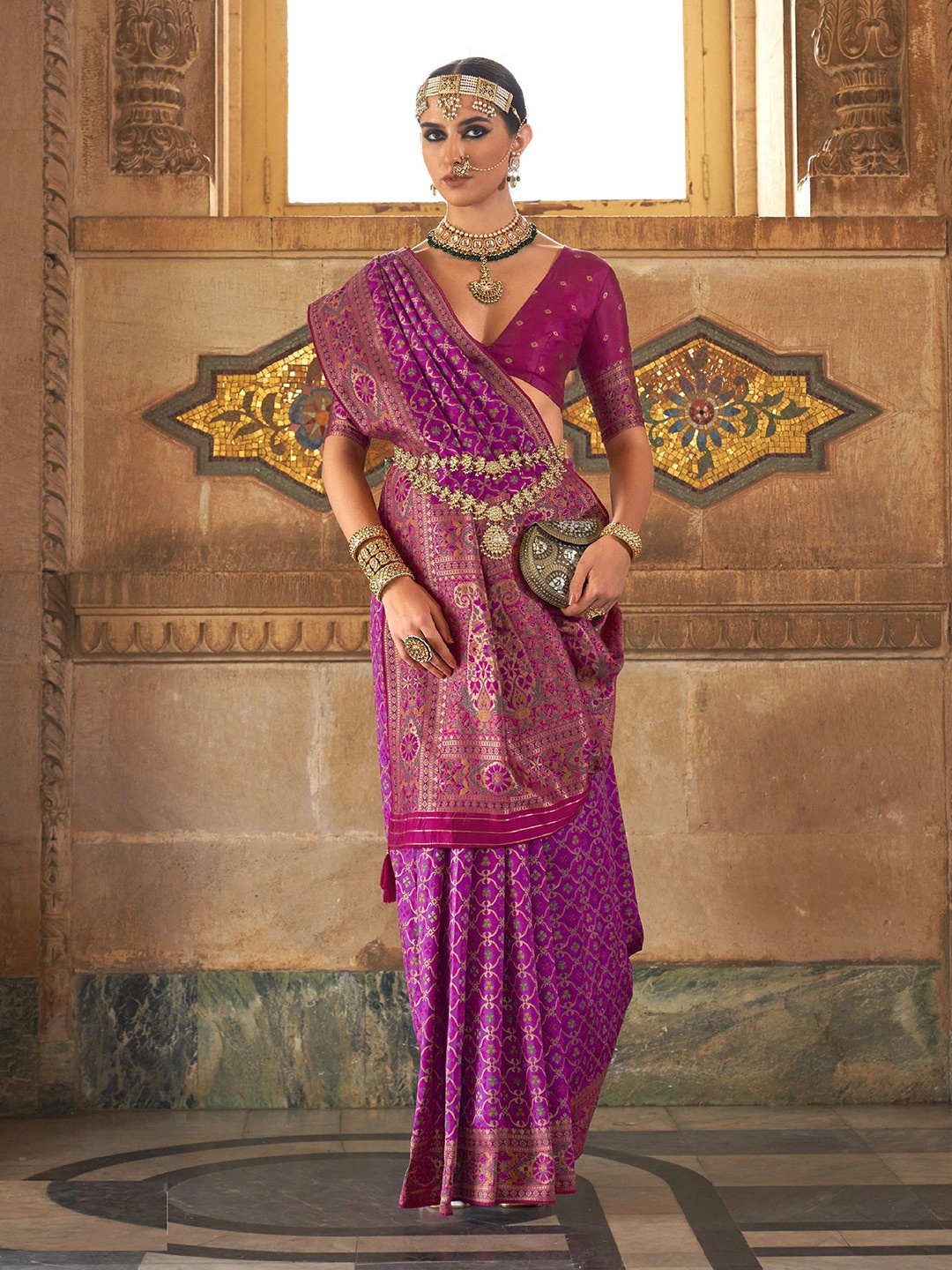 

MAHALASA Woven Design Zari Pure Silk Patola Saree, Pink