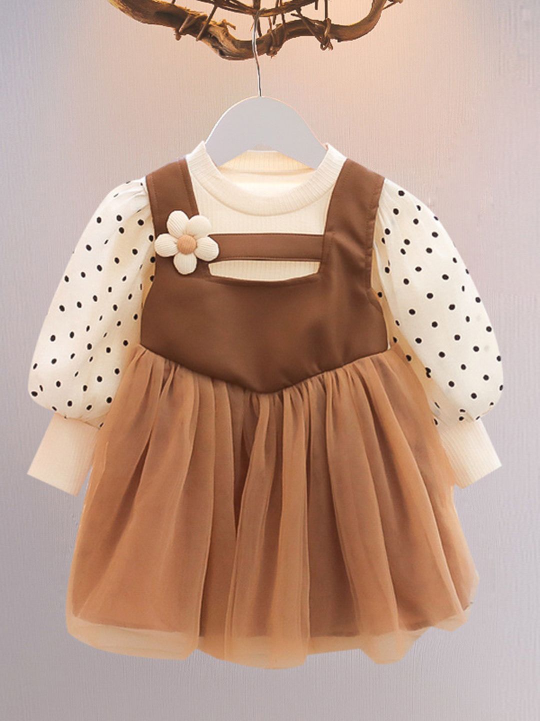 

YK Girls Printed Pinafore Dress, Coffee brown