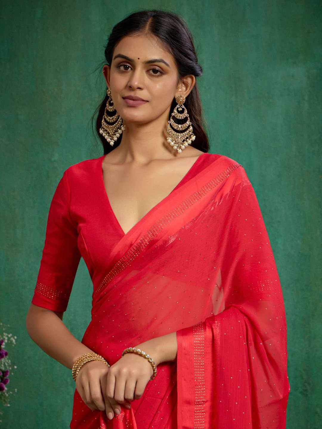 

Sangria Embellished Saree With Blouse Piece, Red