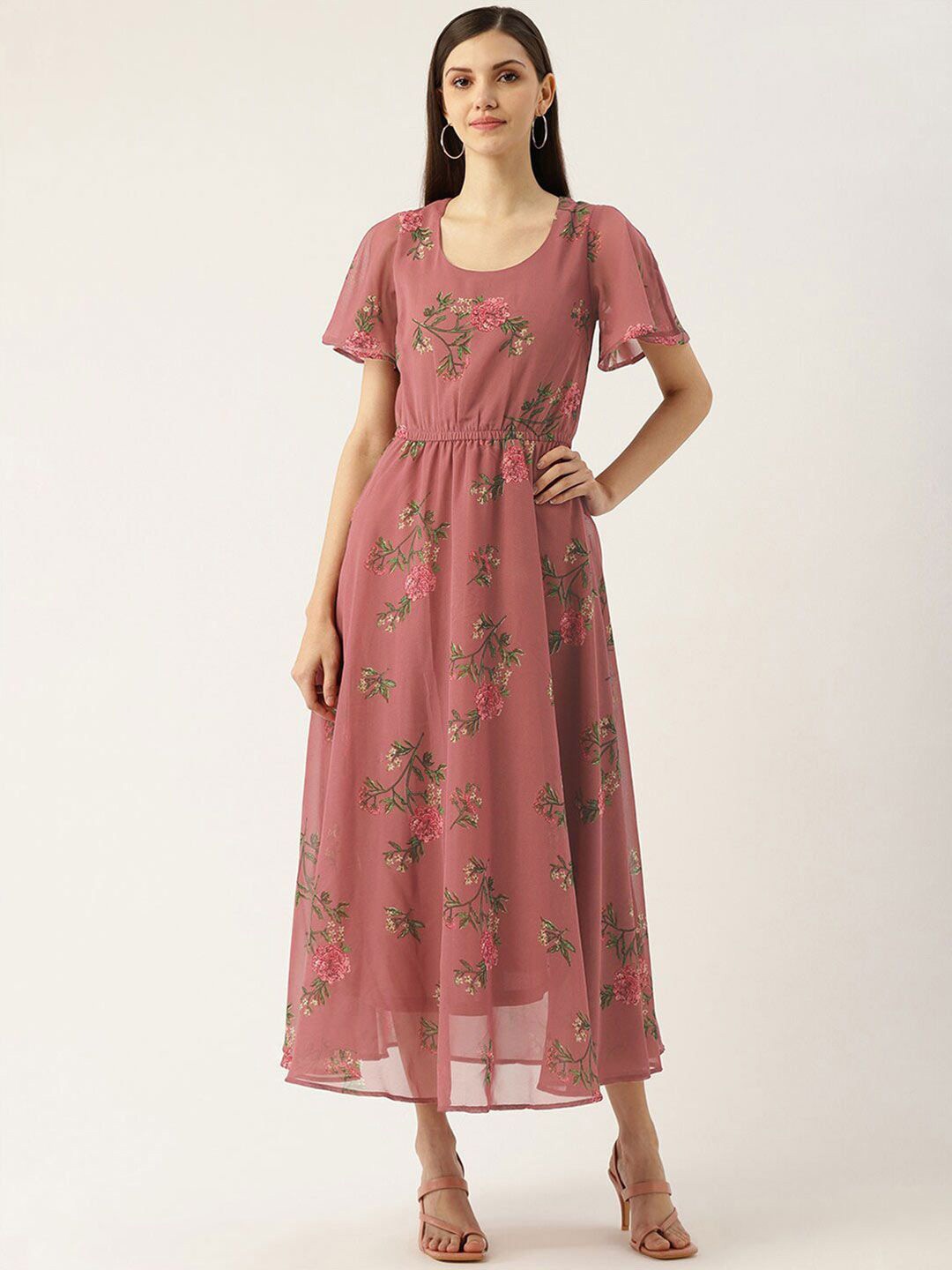 

DressBerry Floral Print Flared Sleeve Georgette Maxi Midi Dress, Pink