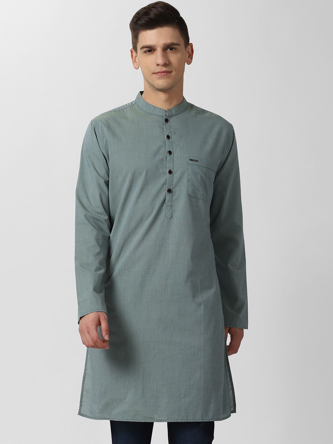

Peter England Men Band Collar Cotton Straight Kurta, Green