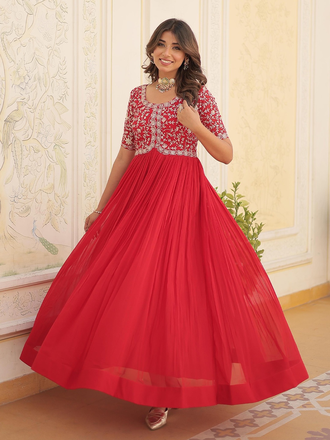 

FVD Embroidery Fit and Flare Ethnic Dresses, Red