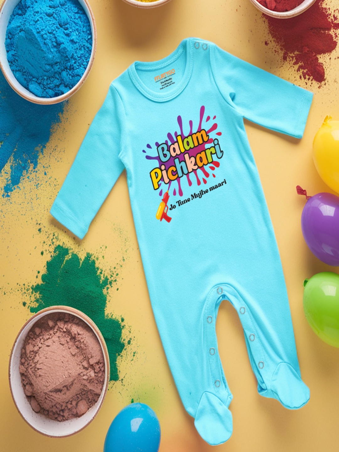 

FFLIRTYGO Infants Holi Printed Cotton Sleepsuit, Turquoise blue