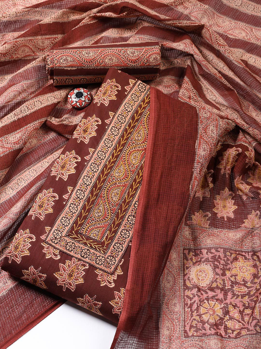 

Meena Bazaar Floral Printed Unstitched Dress Material, Maroon