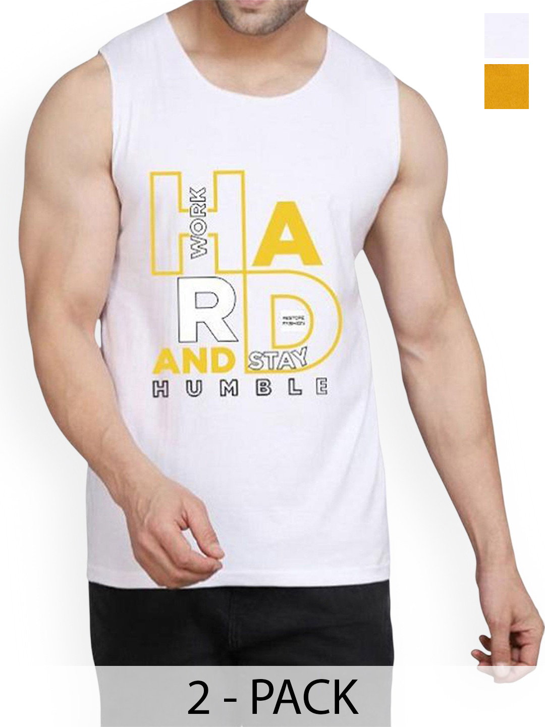 

WOOSTRO Pack Of 2 Printed Combed Cotton Gym Vest RS26 CMB (MORE MUSTARD) (HARD WHITE)