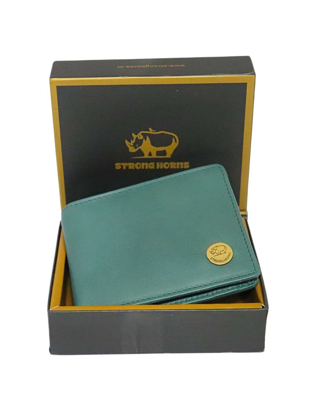 

STRONG HORNS Men Brand Logo Leather Two Fold Wallet, Green