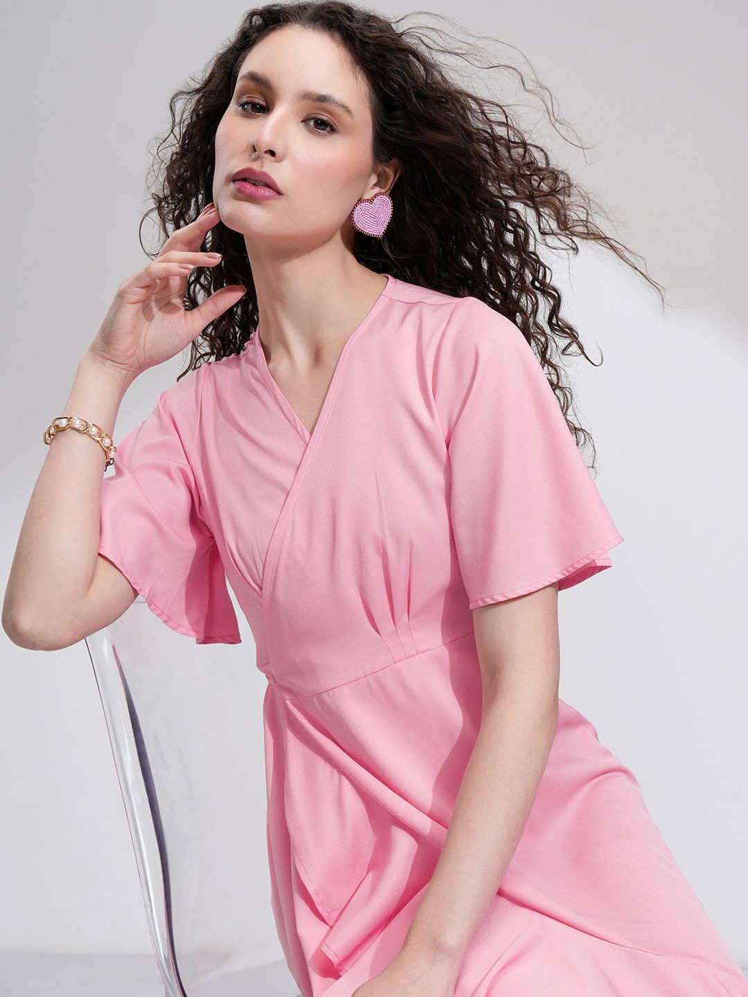 

Tokyo Talkies V-Neck Flared Sleeves Ruffles Wrap Midi Dress, Pink