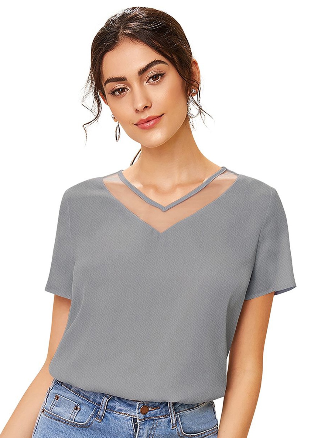 

SHOPONBIT Women V-Neck Short Sleeves Top, Grey