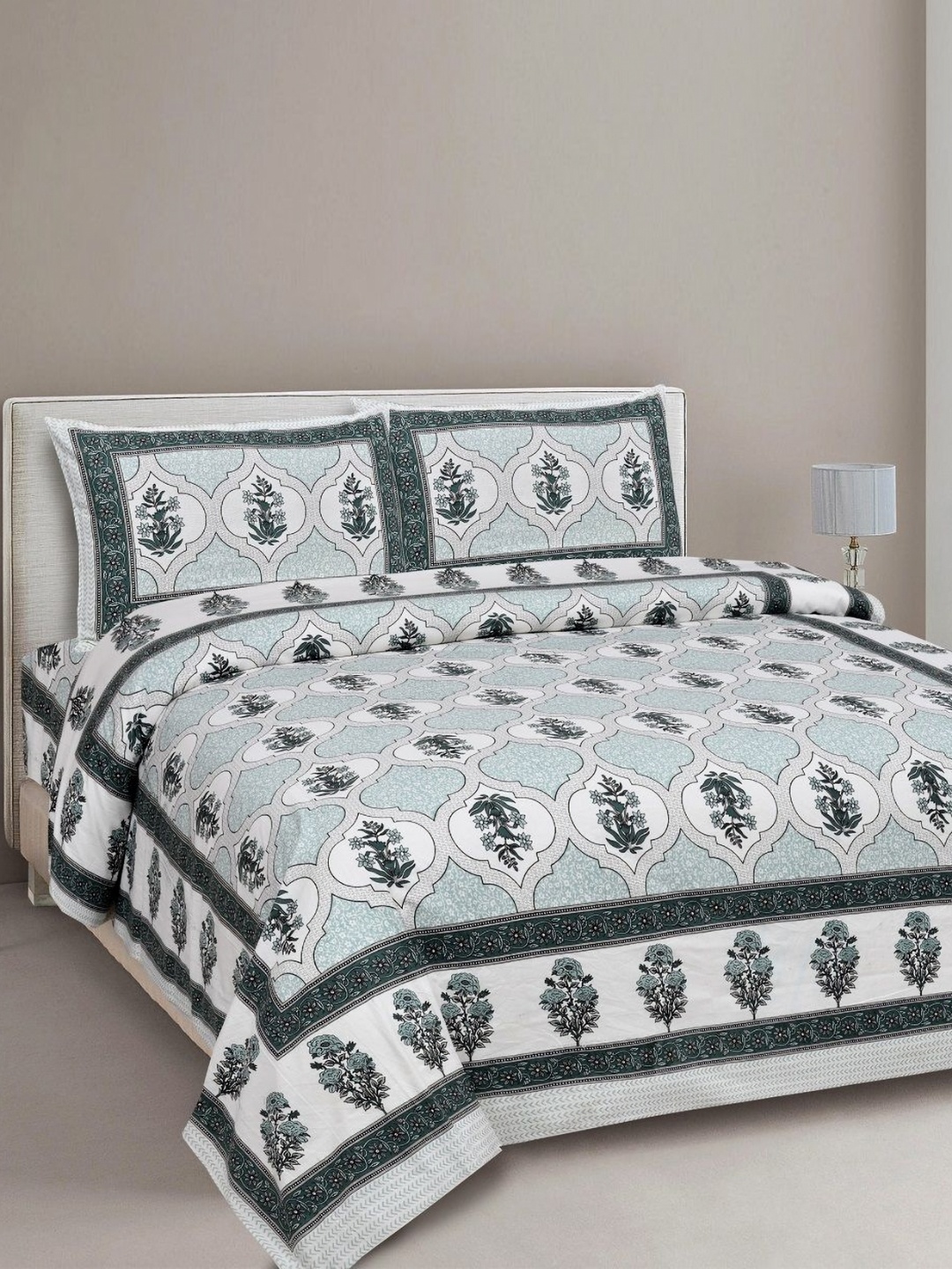 

INDHOME LIFE Green & Grey Ethnic Motifs 210 TC King Bedsheet with 2 Pillow Covers