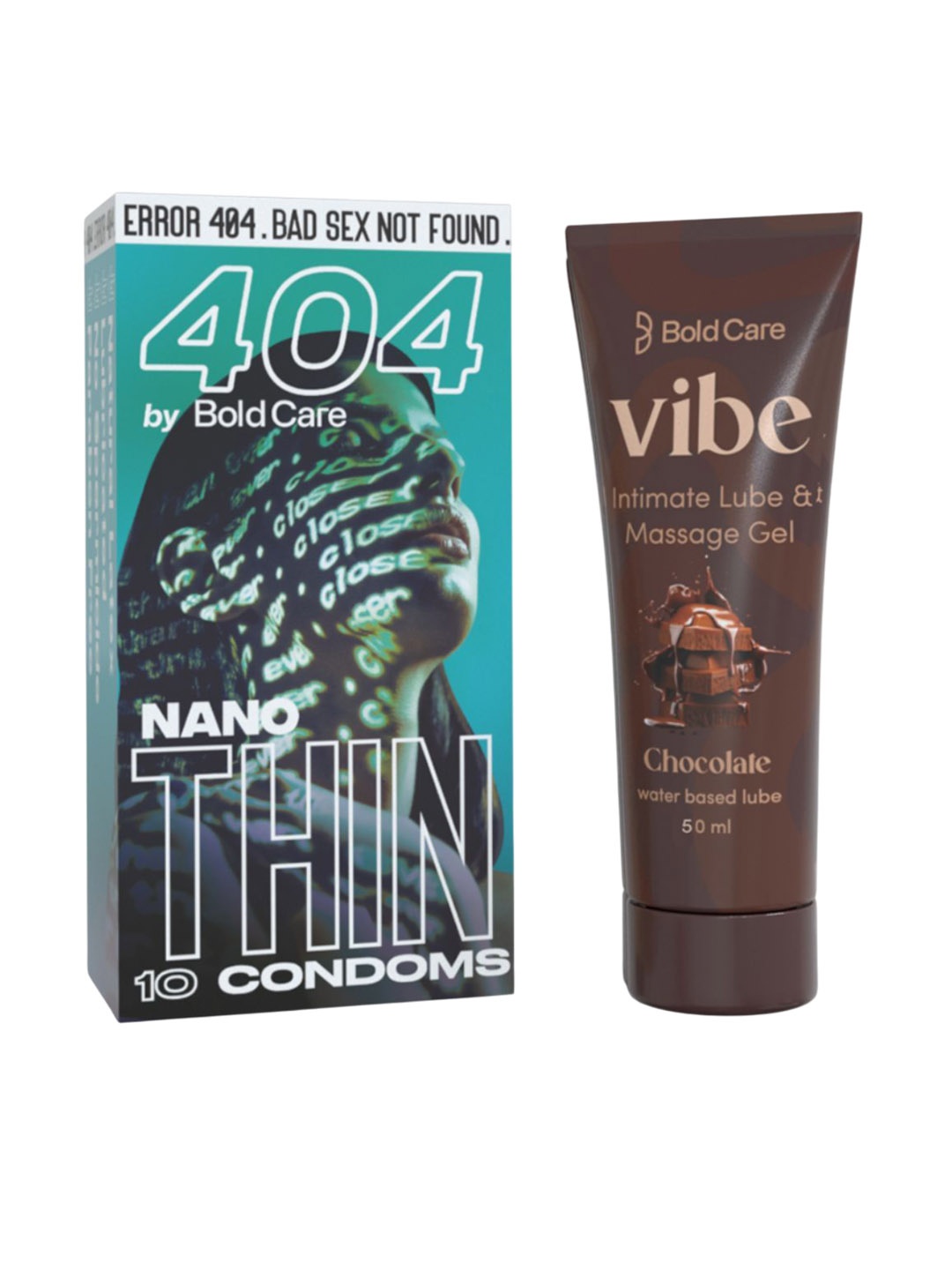 

Bold Care Set Of Vibe Chocolate Intimate Lube 50ml With Nano Thin Condoms 10 Pcs, Brown