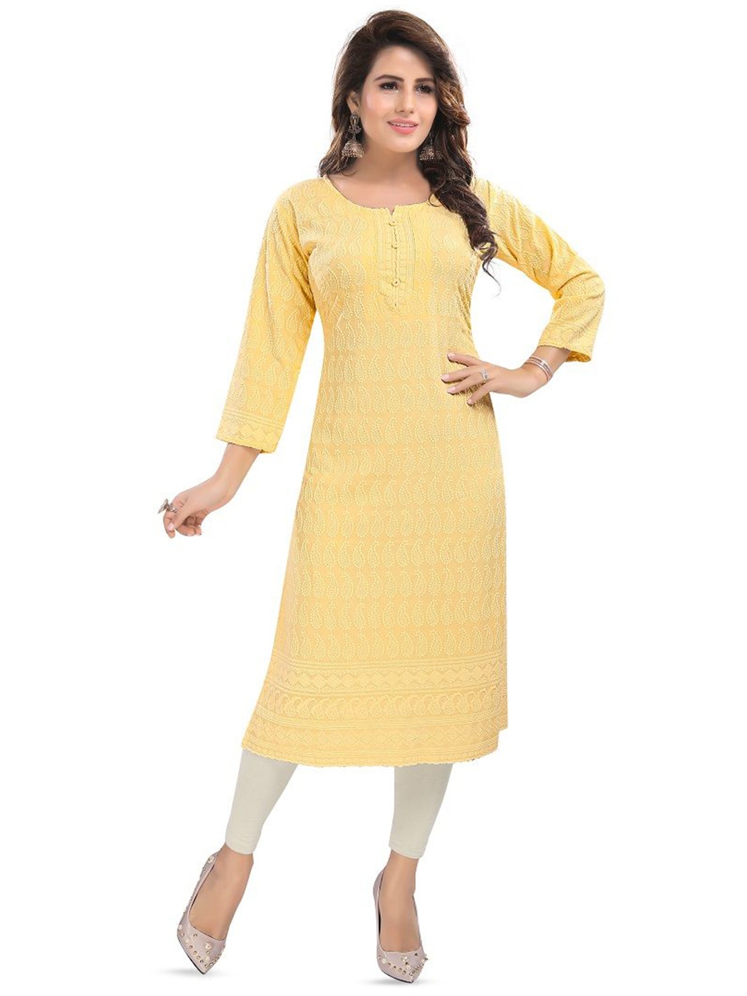 

DREAM & DZIRE Paisley Embroidered Chikankari Work Pure Cotton Straight Kurta, Yellow