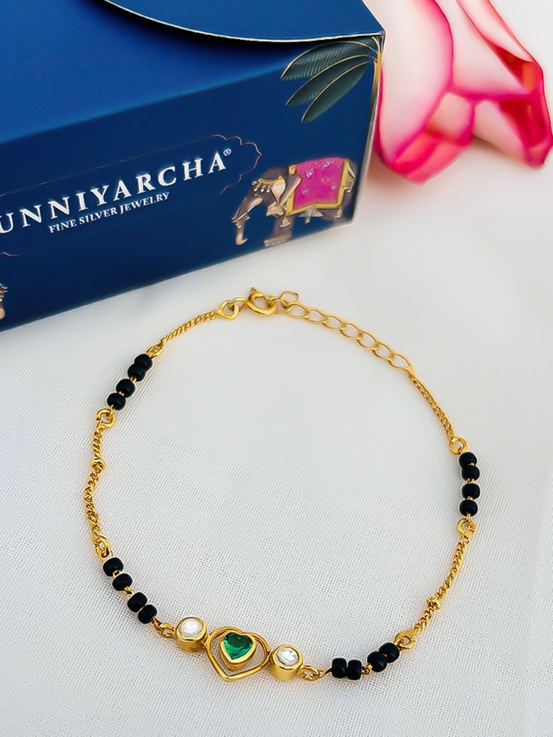 

Unniyarcha Women Silver Gold-Plated Studded & Beaded Minimalist Heart Mangalsutra Bracelet