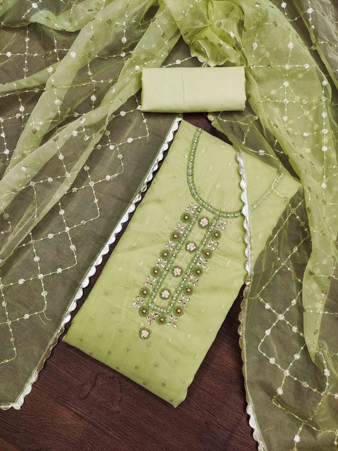 

Blissta Floral Embellished Organza Unstitched Dress Material, Green