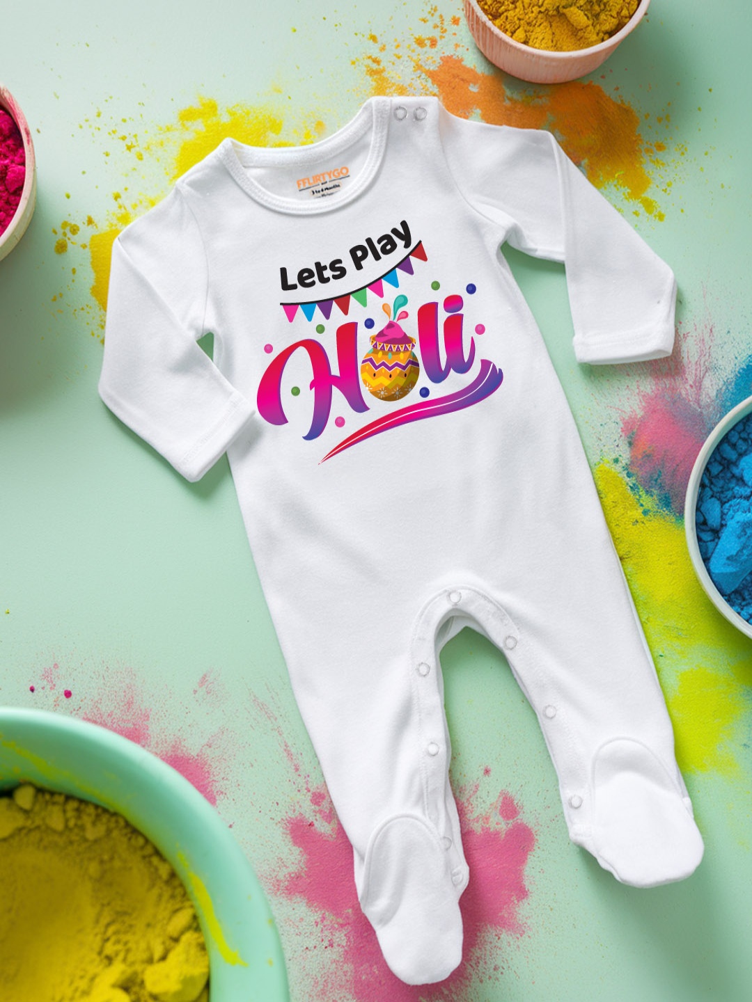 

FFLIRTYGO Infants Holi Printed Cotton Sleepsuit, White
