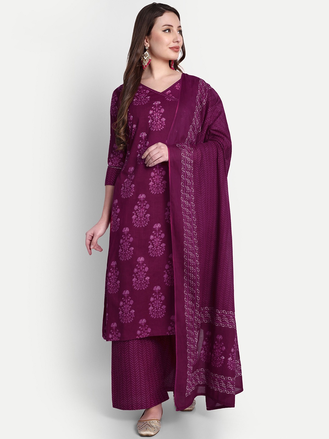 

Hujum Floral Printed Sequinned Pure Cotton Straight Kurta With Palazzos & Dupatta, Purple