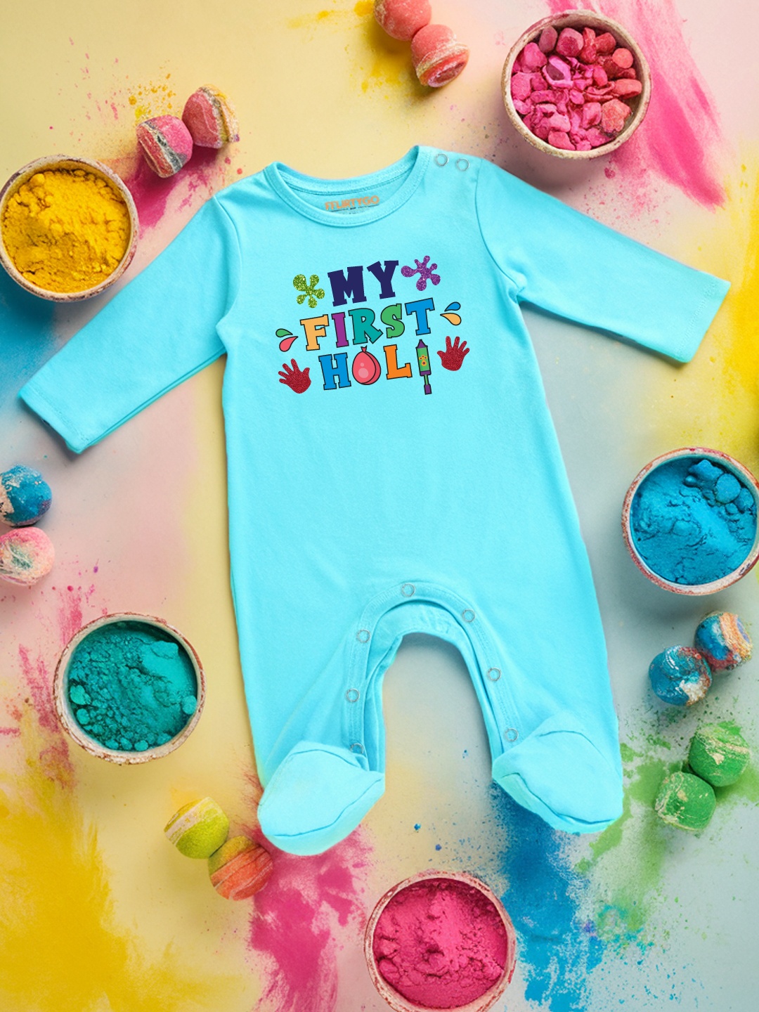 

FFLIRTYGO Infants Holi Printed Cotton Sleepsuit, Turquoise blue