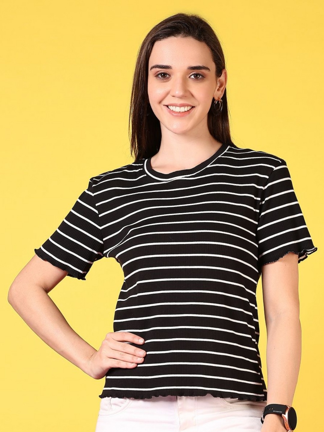 

V-Mart Women Striped Round Neck Cotton T-shirt, Black