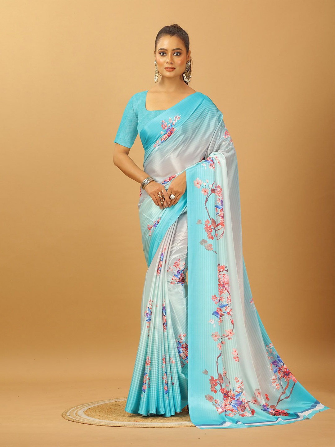 

NIRMAL CREATION Floral Printed Pure Crepe Saree, Turquoise blue